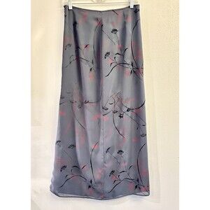 Express Women's Long Gray Maxi 37" - Burgundy/Black Flowers Back Slit SZ 7/8